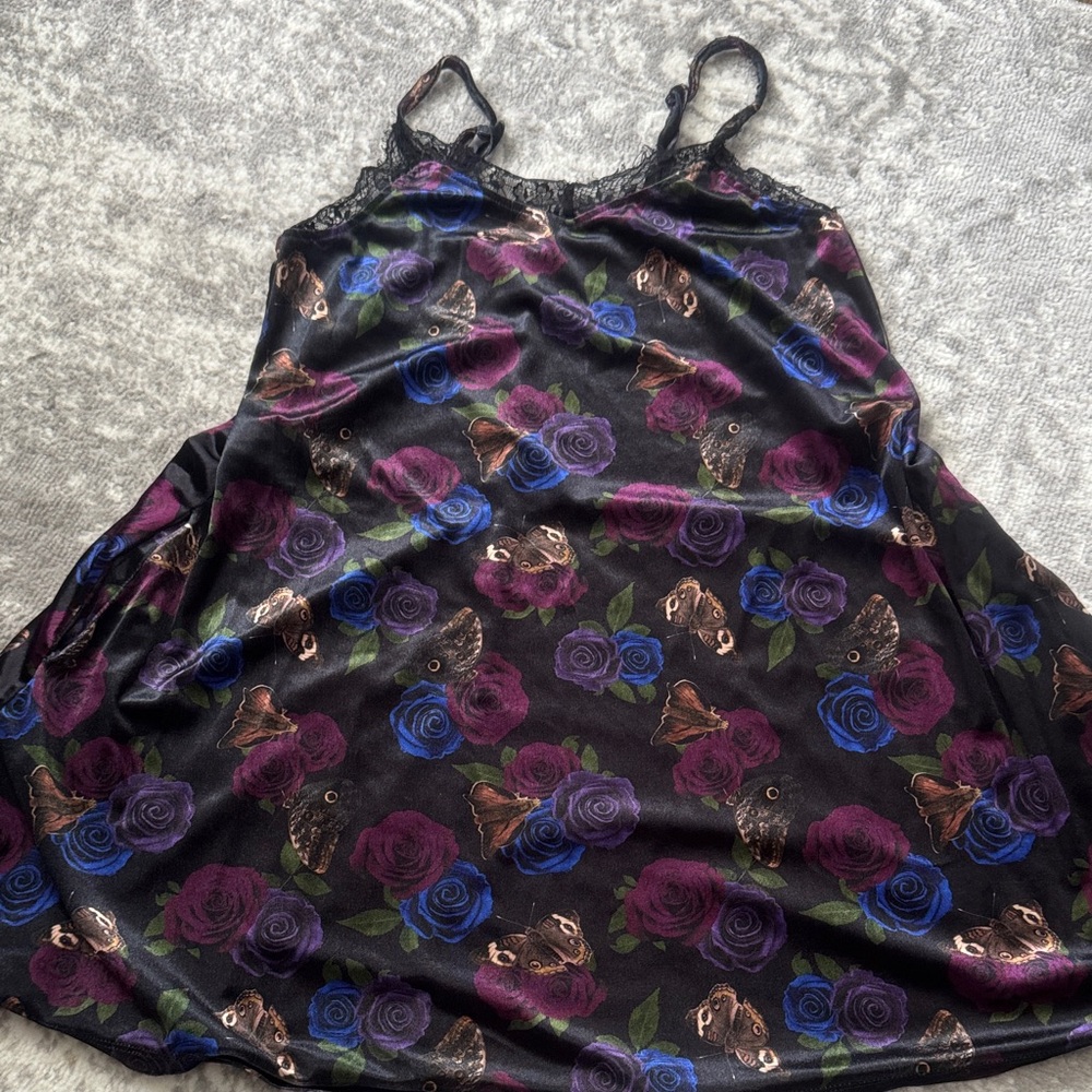 Floral Velvet Slip Mini Dress with Lace Trim